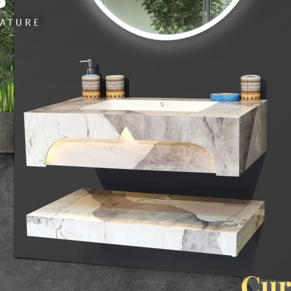 Meuble Salle de Bain Suspendu Céramique CURTIS - Éclairage LED Automatique
